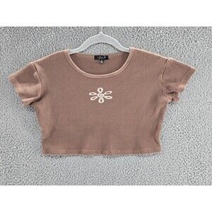 Delia Crop Top Womens Medium Brown Flower Graphic Y2K Stretch 2000s Retro